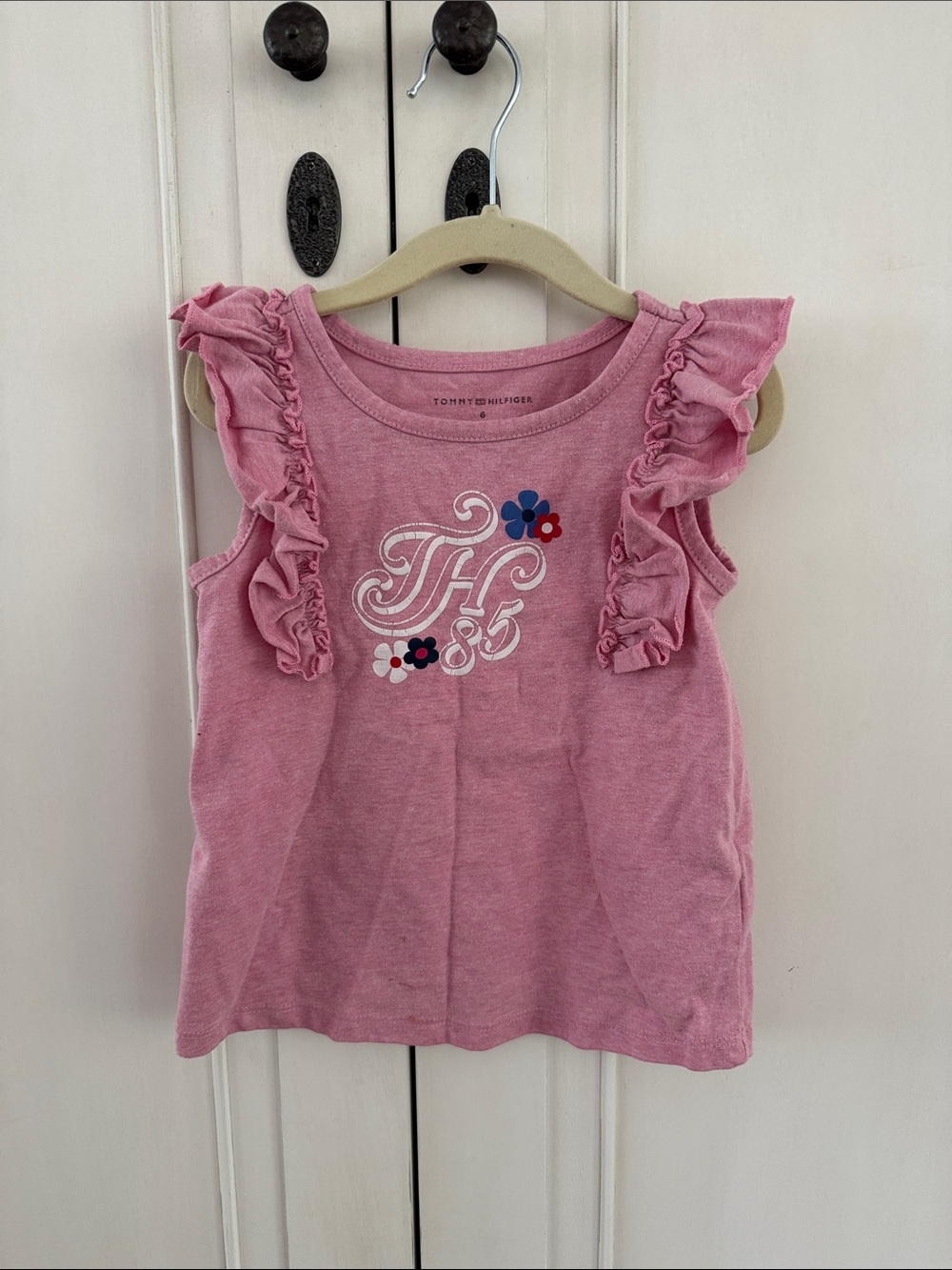 Tommy Hilfiger Pink Ruffle-Shoulder Tank with Floral TH Logo